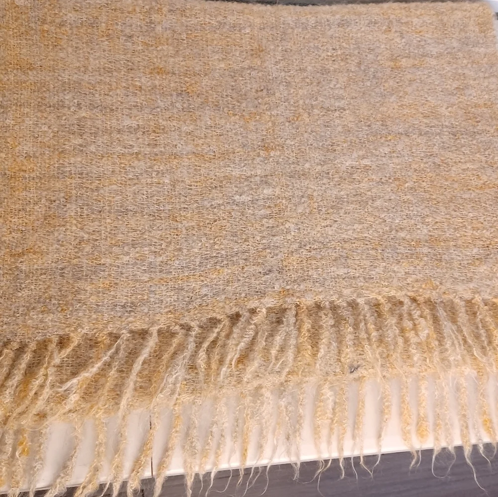 Earthy Natural Beige Hand Woven Mohair Wool Blend Fringe Wrap Shawl